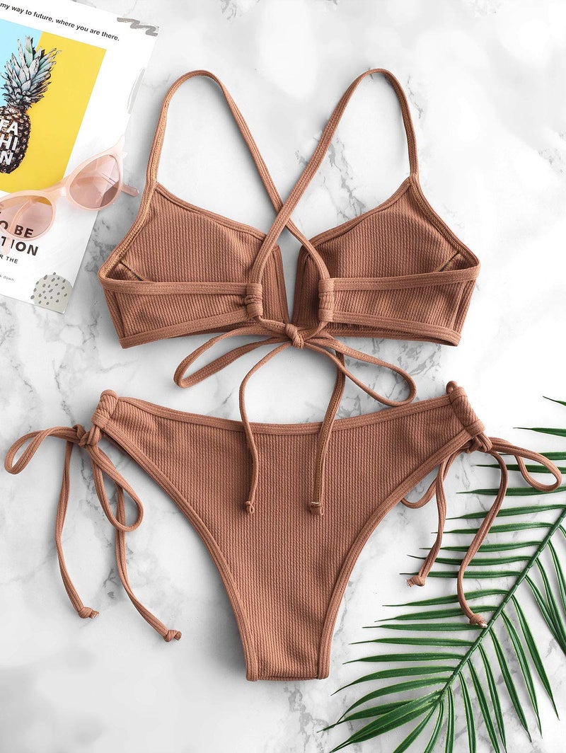ZAFUL Women's High Cut Bikini Sets Ribbed V-Wire Cami Bikini Two Piece Swimsuit (3-Light Brown, L) - Image 3